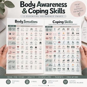 May include: Two educational reference pages titled Body Awareness & Coping Skills. The charts feature icons and text categorized by body areas, listing physical sensations and coping strategies. The design uses a soft color palette with black text.