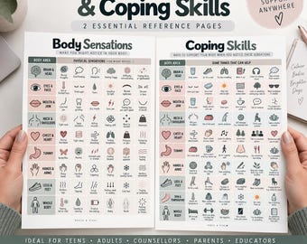 May include: Two educational reference pages titled Body Awareness & Coping Skills. The charts feature icons and text categorized by body areas, listing physical sensations and coping strategies. The design uses a soft color palette with black text.