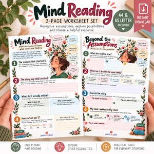 May include: A two-page worksheet set titled Mind Reading and Beyond the Assumptions. The pages feature floral illustrations, numbered sections for writing, and prompts to explore thoughts, assumptions, and helpful responses for everyday situations.