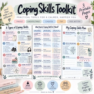 May include: A three-page printable Coping Skills Toolkit featuring charts and checklists. The pages include 8 Types of Coping Skills, What Kind of Coping Skill Do I Need, and My Coping Skills Plan. The design uses soft pastel colors with black text.