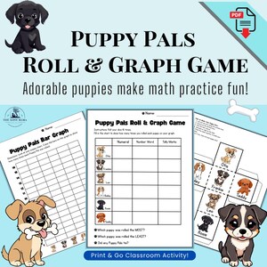 Puppy Pals Math Activity | Roll‑a‑Dice Graphing Game | Data & Bar Graph Practice