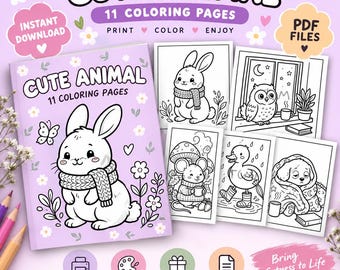 Cute Animal Coloring Pages Printable, Kawaii Animal Coloring Book, Kids Coloring Pages, Instant Download PDF, Fun Relaxing Activity