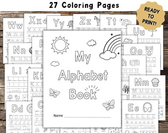 Può includere: Un insieme di fogli di lavoro sull'alfabeto, con il titolo "ALPHABET WORKSHEETS" e "27 Coloring Pages". Il foglio di lavoro centrale è intitolato "My Alphabet Book" con illustrazioni di sole, arcobaleno e farfalle. È visibile anche la scritta "READY TO PRINT!"