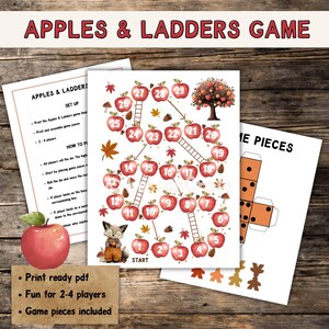 Può includere: Un gioco stampabile di Mele e Scale a tema autunnale. Il tabellone presenta mele rosse, scale e un'illustrazione di volpe. Include pezzi di gioco e istruzioni. Il testo recita: "PDF pronto per la stampa, Divertente per 2-4 giocatori, Pezzi di gioco inclusi."