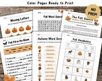 May include: A collection of printable fall-themed worksheets for K-1 students. The pages include activities like missing letters, word searches, fill-in-the-blanks, and reading comprehension exercises. The worksheets feature autumn-related vocabulary and images.