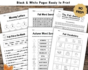 May include: Black and white printable worksheets for fall-themed K-1 vocabulary and word activities. Includes missing letters, word searches, fill-in-the-blank, reading comprehension, and vocabulary exercises. Features pumpkins, leaves, and autumn-related images.