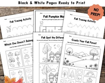 May include: A collection of black and white printable fall-themed activity pages for K-1 students. The pages include tracing, mazes, and spot-the-difference games, with images of pumpkins, leaves, and other autumn elements. The text on the pages reads "Fall K-1 Visual & Picture Games".