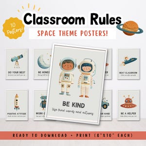 May include: A set of ten space-themed posters with illustrations and text. The main poster features two astronauts and the words "BE KIND." Other posters include a telescope, moon, rocket, robot, and a flying saucer. The posters are 8" x 10" each.