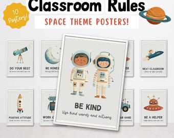 Conjunto de carteles con las reglas del aula espacial: decoración del espacio exterior en acuarela (descarga en PDF de 8 x 10 pulgadas)