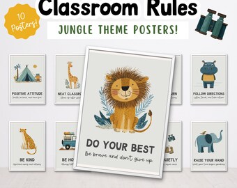 May include: A collection of ten jungle-themed classroom rule posters. The main poster shows a lion illustration with the text "Do Your Best." Other posters feature a giraffe, hippo, and elephant. Each poster is 20.3cm x 25.4cm.