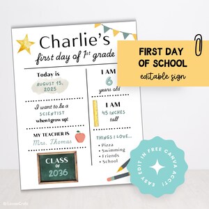 Plantilla editable para cartel de primer día de clases, foto de regreso a clases, preescolar, jardín de infantes, primer grado, primer día de clases, azul y amarillo