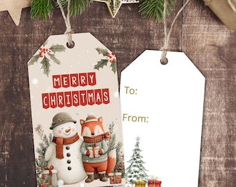 May include: Two Christmas gift tags. One tag features a snowman and a fox with the text "MERRY CHRISTMAS". The other tag is blank with the words "To:" and "From:" printed on it. Both tags have a string attached.