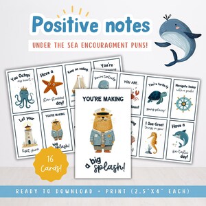 May include: A collection of 16 positive note cards with sea-themed puns and illustrations. The cards feature images of an octopus, starfish, lighthouse, and other sea creatures. The cards are 2.5" x 4" each.