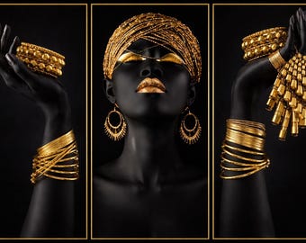 Afrikanische Frau Gold Schmuck Leinwand Druck - Luxuriöses Wohn Dekor