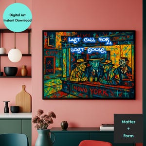 Nighthawks by Hopper Print, Gift for Film Buff, Noir Cinematic Poster, Masculine Home Decor, Bar Cart Art, NYC Wall Art, Digital Download
