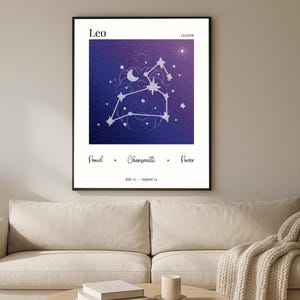 Leo Zodiac Print, Celestial Art, Wall Art, Minimalist Star Sign Poster, Spiritual Decor, Zodiac Birthday Gift for Her, Digital Download