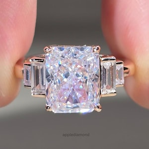 4TCW Radiant Cut Moissanite Diamond Three Stone Engagement Ring with Tapered Baguette Side Stones in Rose Gold Elegant Birthday Gift for Her
