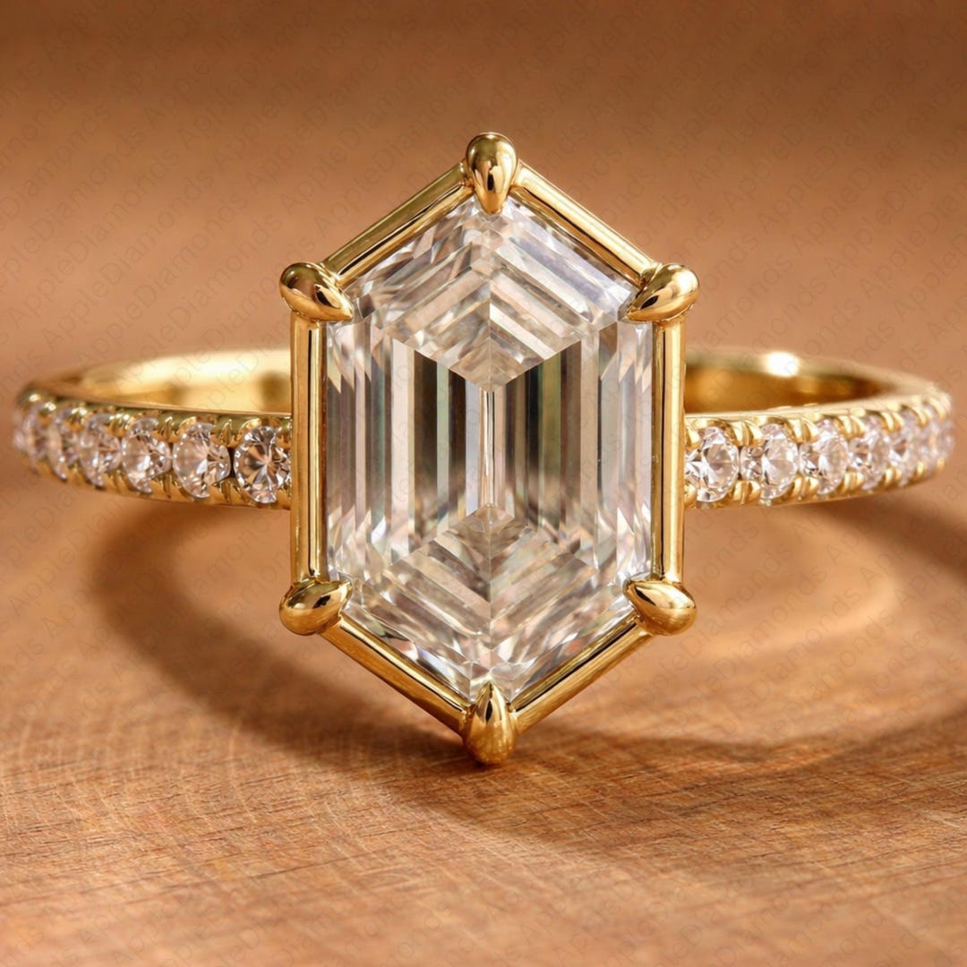 Step Cut Riing Hexagon Cut Diamond Ring Gold Engagement Ring Geometric Step Cut Ring ...