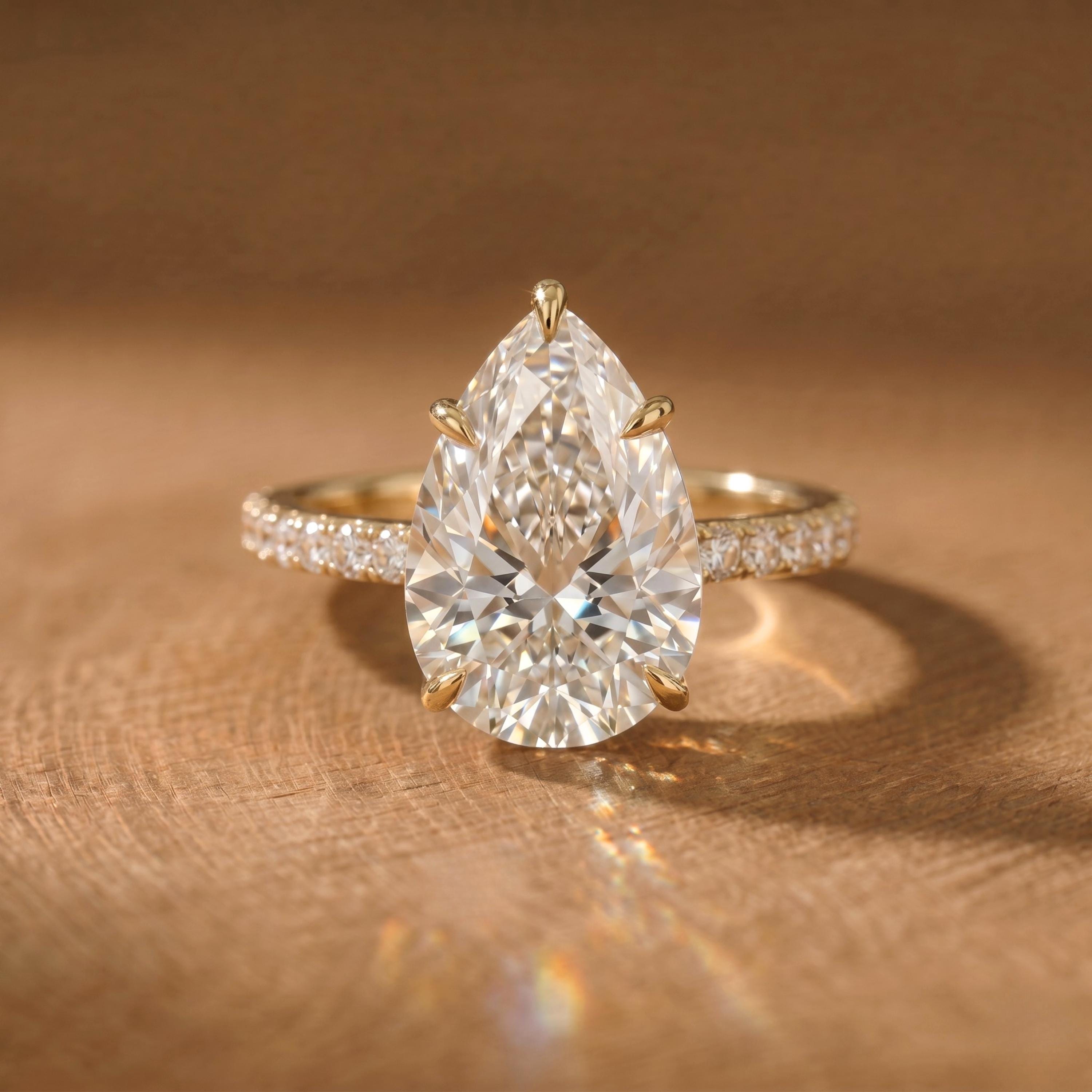 Pear Cut Diamond Engagement Ring, Teardrop Gold Ring, Pave Band Bridal ...