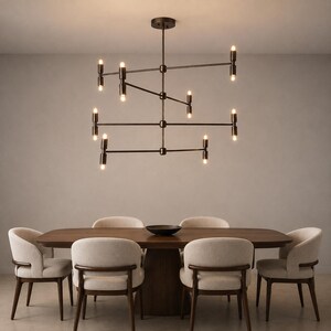 Modern 16 Light Linear Brass Chandelier, Handmade Ceiling Light, Mid Century Dining Room Fixture