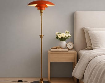Red Sputnik Floor Lamp | Italian Mid Century Brass Standing Lamp | Modern Designer Reading Light