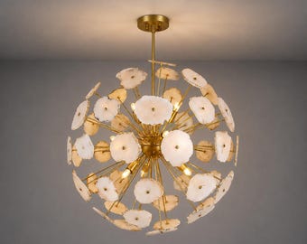 Lustre de luxo em latão com pedra de ágata, luminária de teto moderna e marcante, acessório para sala de jantar de meados do século.