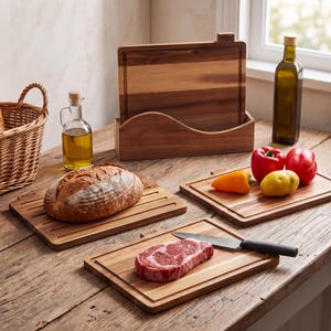 May include: Wooden cutting boards with a loaf of bread, vegetables, and a steak. A knife rests on one board. A basket, oil bottles, and a wooden holder are also present. The boards are on a wooden table.