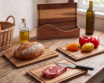 Juego de 4 tablas de cortar de acacia con soporte, tablas de madera para carne, pescado, verduras y pan, tablas de preparación de cocina con recogemigas.