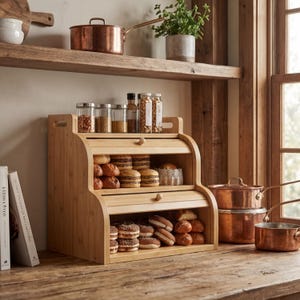 Puede incluir: Una panera de madera clara con dos puertas enrollables, llena de pan y pasteles. Cacerolas de cobre y tarros de especias están en estantes en el fondo. La panera está sobre una superficie de madera.