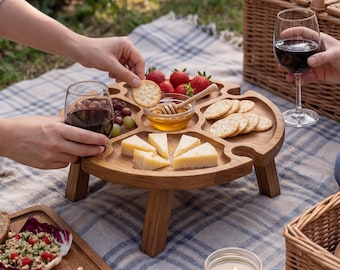 Wine Picnic Table with Folding Legs, Walnut Charcuterie Board for Cheese & Wine, Portable Outdoor Wine Table Gift, Gift For Couples