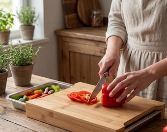 Kitchen Prep Board With Sliding Trays, Bamboo Cutting Board With Food Catcher, Meal Prep Station, Chopping Board Organizer