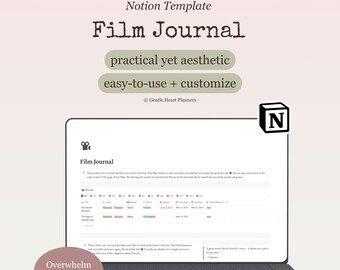 Szablon Notion dla Film Journal, Dziennik filmowy, Śledzenie filmów i programów telewizyjnych, Śledzenie multimediów, Minimalistyczny cyfrowy szablon Notion