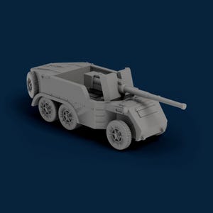 May include: A gray model of a military vehicle with a long cannon. The vehicle has six wheels and a boxy design. The model is set against a dark blue background.