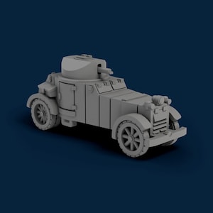 May include: A gray armored car model with a turret and spoked wheels. The vehicle has a boxy design with doors and fenders. The model is set against a dark blue background, showcasing its details.