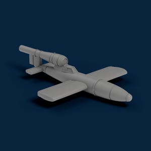 Puede incluir: Un modelo de avión gris con un fuselaje cilíndrico, alas y un motor prominente montado en la parte superior. El modelo tiene una cabina detallada y una aleta de cola. El avión está sobre un fondo azul oscuro.
