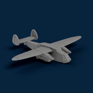 Peut inclure: Un modèle réduit d'avion gris avec des ailes, des hélices et un cockpit détaillés. Le modèle est posé sur un fond bleu foncé, mettant en valeur son design et ses caractéristiques.