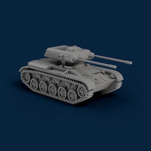May include: A gray model tank with a turret and two long barrels. The tank has detailed tracks and wheels, and is set against a dark blue background. The tank is a miniature replica.