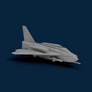 May include: A gray model airplane with a sleek design, featuring wings, a tail fin, and multiple external fuel tanks. The aircraft is set against a dark blue background, showcasing its detailed construction and aerodynamic features. A miniature replica of a jet fighter.