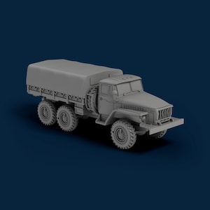 May include: A gray model of a military truck with a covered cargo bed. The truck has six wheels, a detailed cab, and a spare tire mounted on the side. The vehicle is set against a dark blue background.