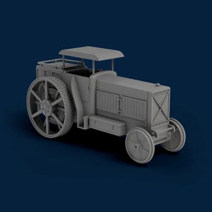 May include: A gray scale model of a vintage tractor with large rear wheels and a small front set. The tractor has a roof, a front grill, and a storage compartment. The model is set against a dark blue background.