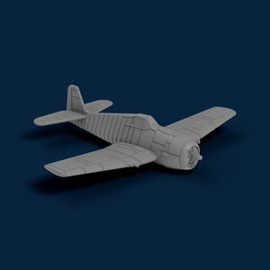 May include: A gray model airplane with a propeller, wings, and tail. The plane is set against a dark blue background. The model has detailed panel lines and a cockpit.