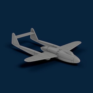 Peut inclure: Un modèle d'avion gris avec un fuselage profilé, des ailes et des empennages. Le modèle présente un design détaillé, comprenant le cockpit et les composants du moteur. L'avion est posé sur un fond bleu foncé.