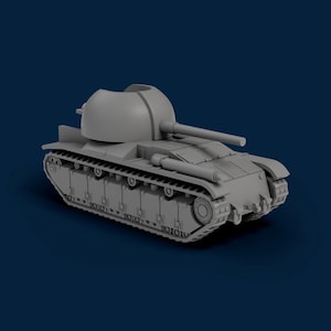 Puede incluir: Un modelo gris de tanque con un cañón largo y una torreta redondeada. El tanque tiene orugas detalladas y un cuerpo cuadrado. La imagen está sobre un fondo azul oscuro.