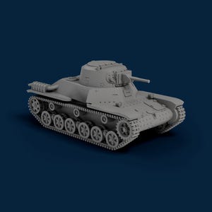 以下が含まれることがあります： 砲塔と長い砲身を備えた灰色の戦車モデル。戦車には複数の車輪とキャタピラーがあり、濃い青色の背景に配置されています。 このモデルは、軍用車両の詳細なレプリカです。