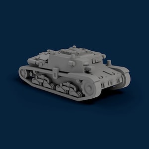 以下が含まれることがあります： グレーの戦車モデル。キャタピラ、車輪、詳細な砲塔が特徴です。ミニチュア車両は濃い青色の背景に配置されています。戦車のデザインには、軍事的なテーマを示唆するさまざまな突起や特徴が含まれています。