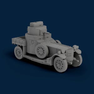 May include: A gray armored car model with a turret and a gun. The vehicle has large wheels and a detailed design, showcasing rivets and panels. The model is set against a dark blue background.
