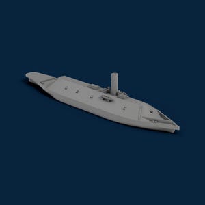 May include: A gray model of a warship with a low profile, featuring a central smokestack and several deck structures. The ship's hull is long and narrow, with a pointed bow. The model is set against a dark blue background.