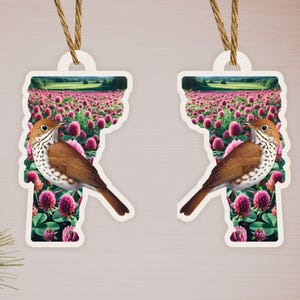 Vermont Ornament Gift for Hermit Thrush Lover of Red Clover Flower, Personalize Vermont Home Decor, US Vermont State Keepsake Gift Ornament.