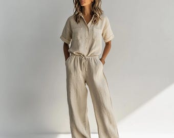 Beige Linen Two Piece Pj Set for Women, Short Sleeve Button Shirt