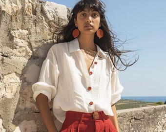 White Linen Shirt Women, Button Down Summer Top, Boho Beachwear